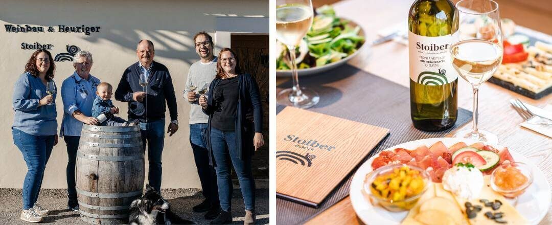 Im Bild links sieht man 3 Generationen der Familie Stoiber und rechts eine herrliche Jause und Wein.