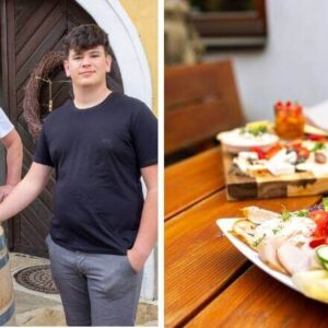 Im Bild links sieht man Familie Lengsteiner vor einem Holzfass stehen und rechts eine schön angerichtete klassische Heurigen-Jause, die auf einem Tisch steht.