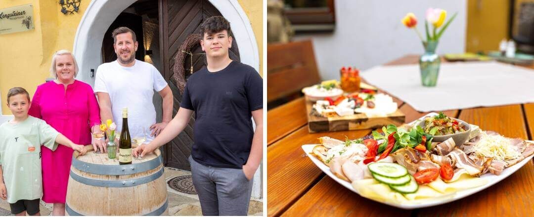 Im Bild links sieht man Familie Lengsteiner vor einem Holzfass stehen und rechts eine schön angerichtete klassische Heurigen-Jause, die auf einem Tisch steht.